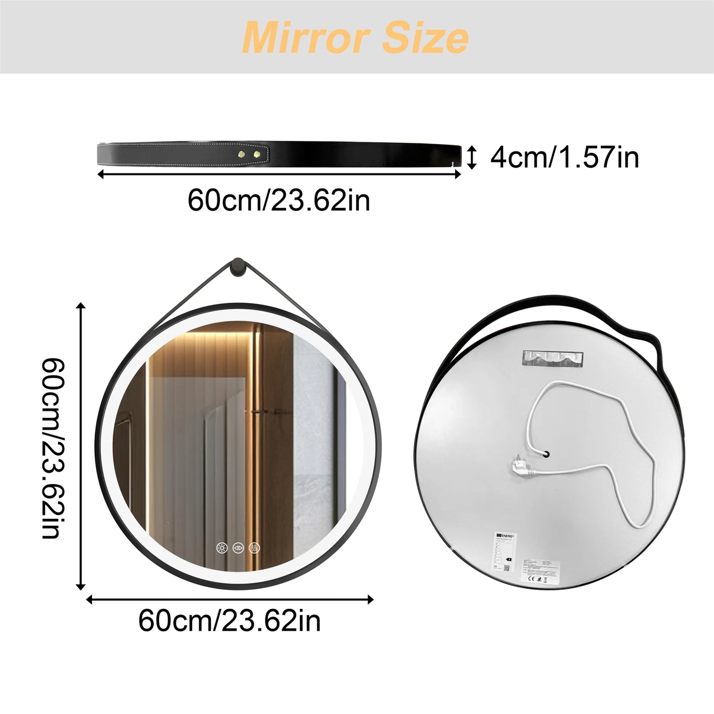 Round LED Bathroom Mirror With Leather Strap Wall Hanging And Anti Fog