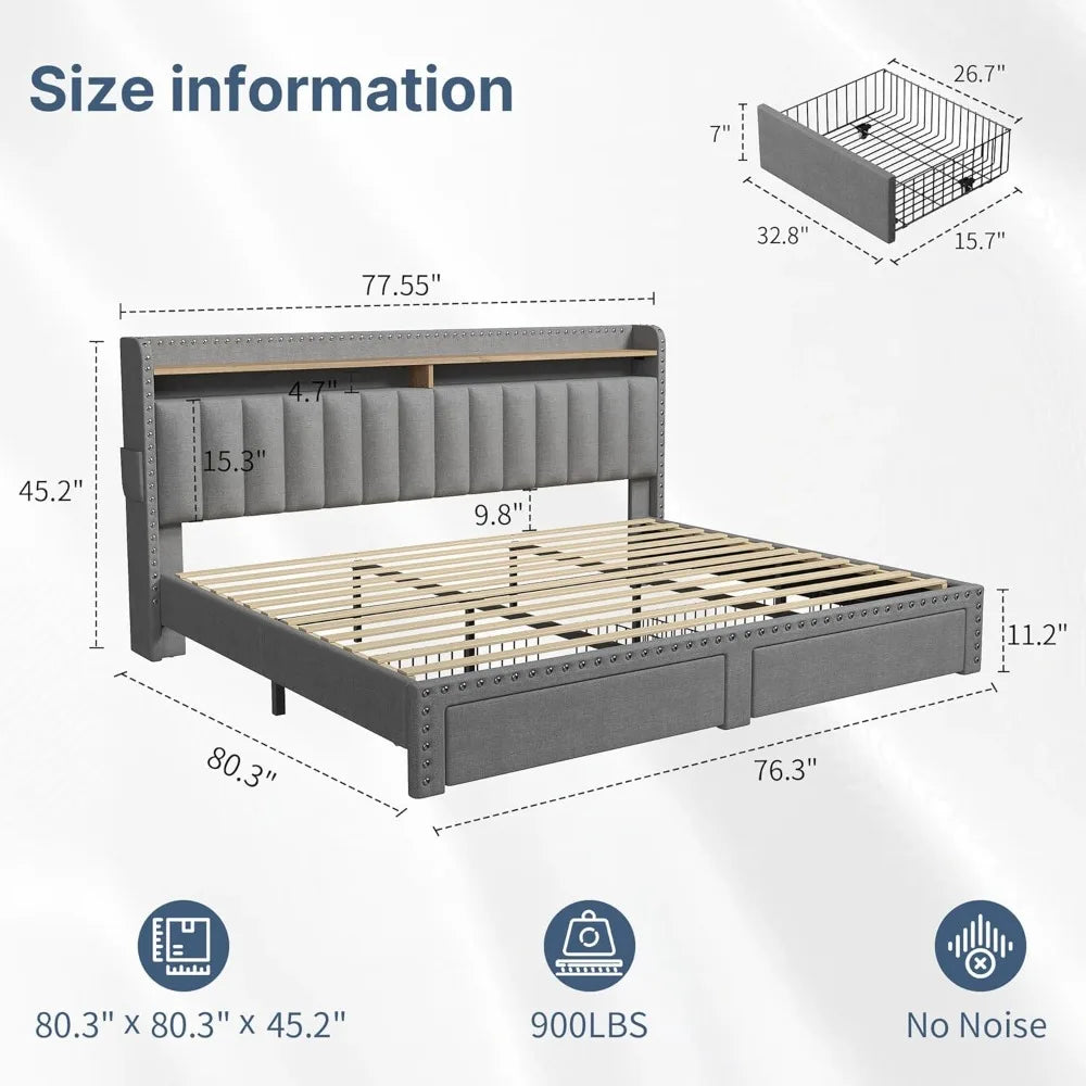 King Platform Bed Frame With Storage Drawers And Headboard Shelf
