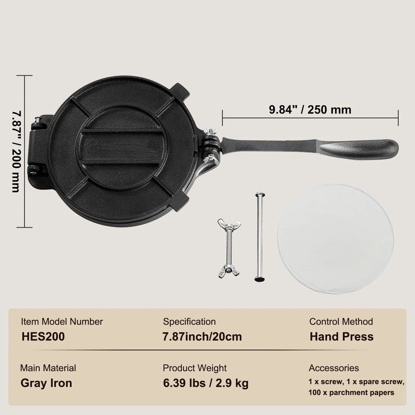 VEVOR Cast Iron Tortilla Press, Heavy Duty Dough Maker For Flour Tortillas