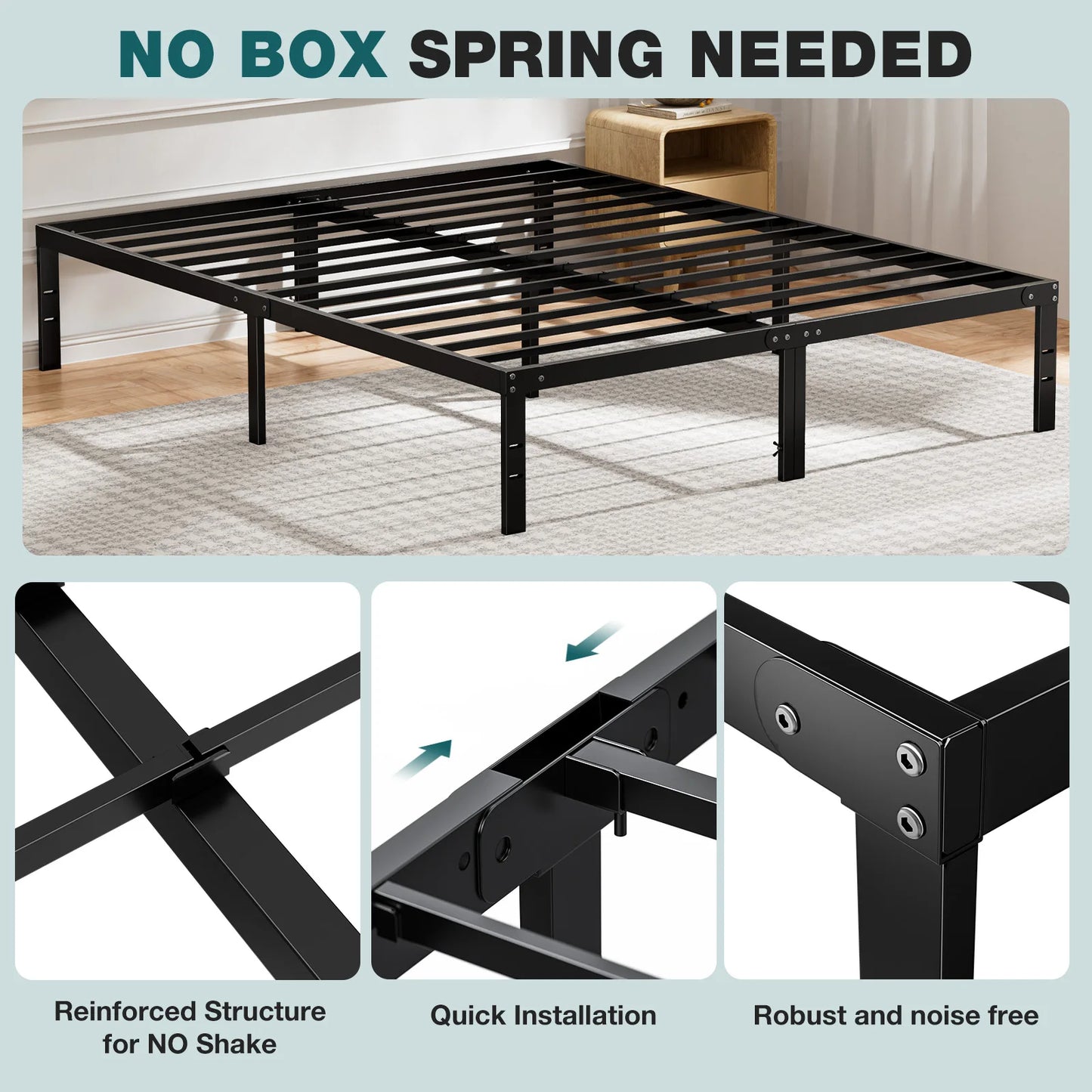 JHK Basic Metal Bed Frame with Storage and Sturdy Slats