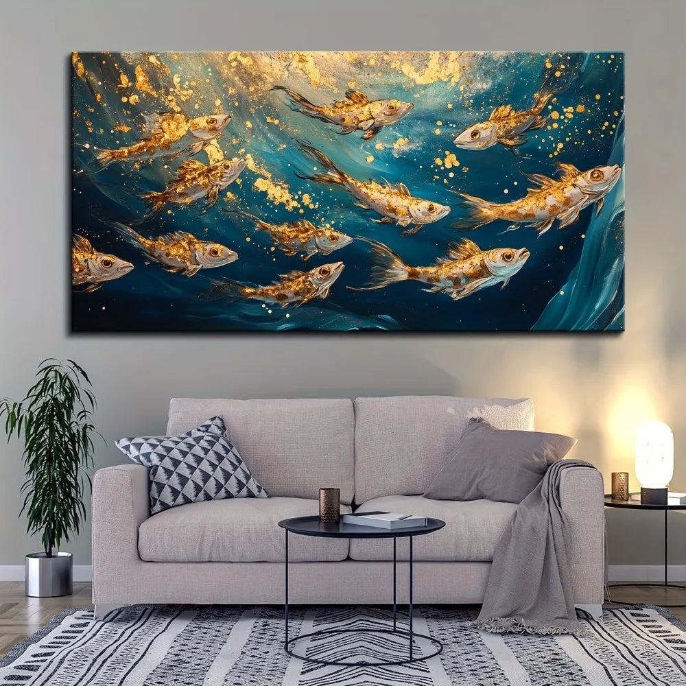Abstract Ocean Goldfish Painting In Pine Wood Frame