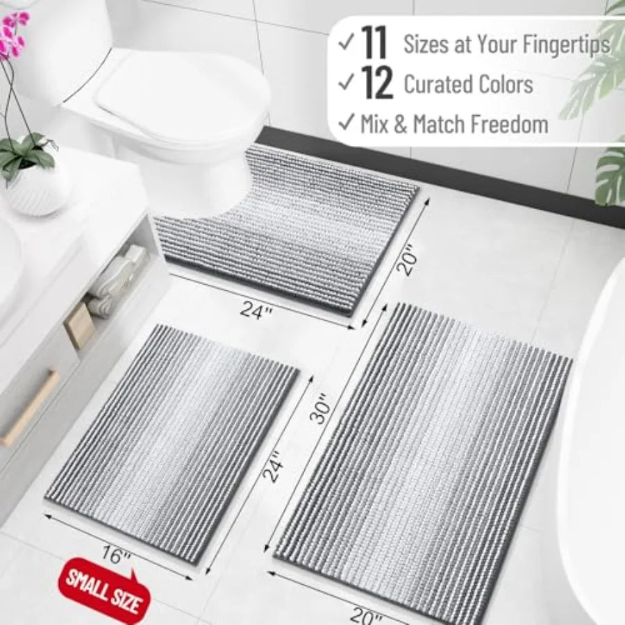 Soft Absorbent Chenille Striped Bathroom Rug With Rubber Backing
