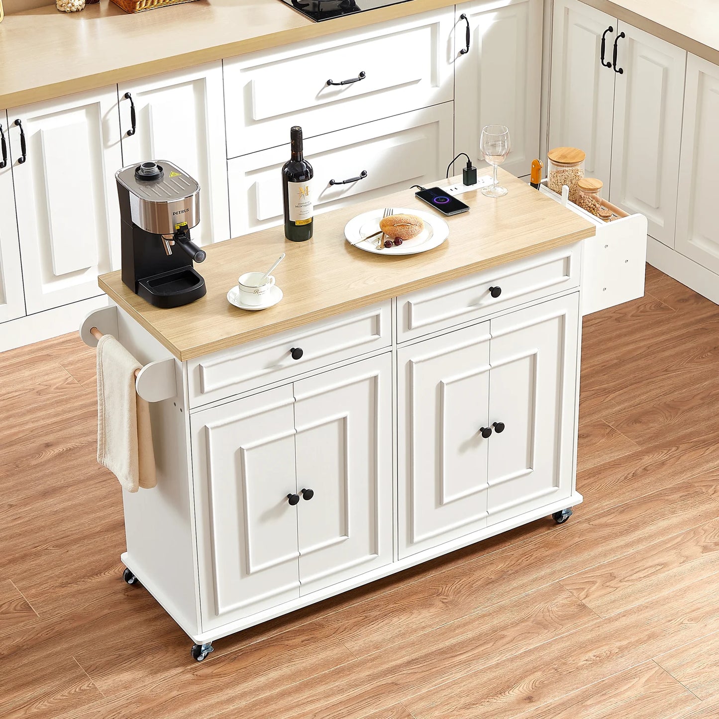 Mobile Kitchen Island With Drop Leaf Power Outlet Spice Rack