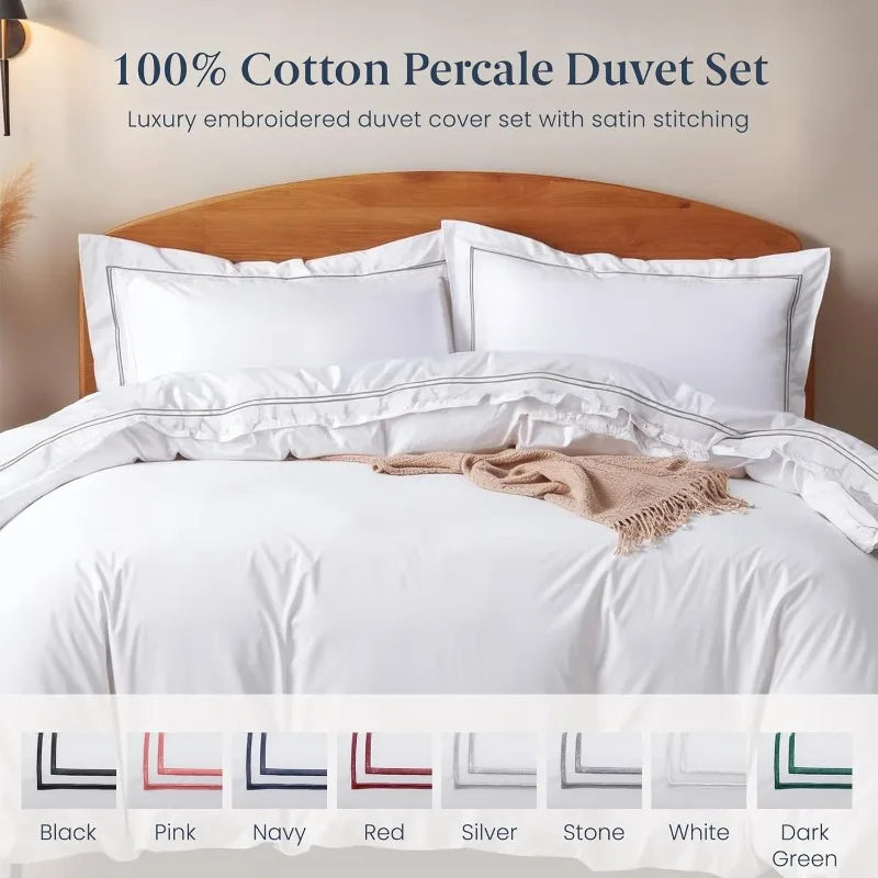 Duvet Cover Queen Size (3 Pieces), 100% Cotton Percale, Full/Queen, Soft, Breathable & Lightweight, Including Duvet C