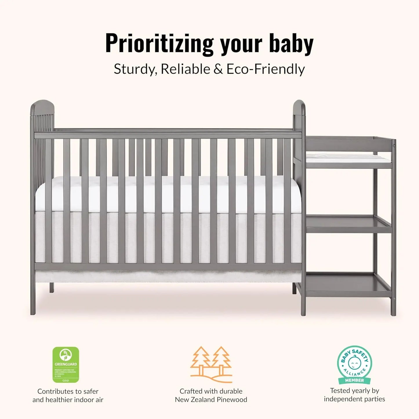 3-in-1 Convertible Baby Crib With Changing Table And Adjustable Mattress