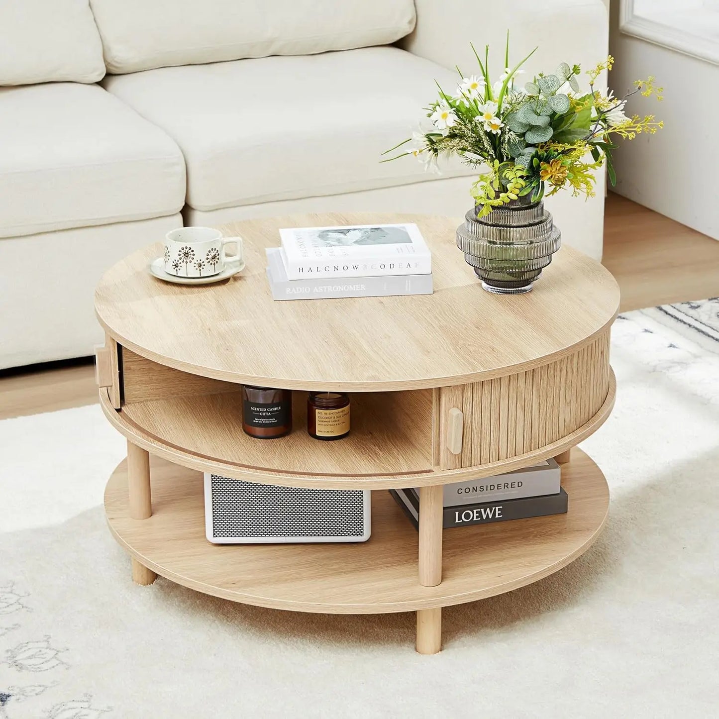 Modern Farmhouse Oval Coffee Table With Storage For Living Room