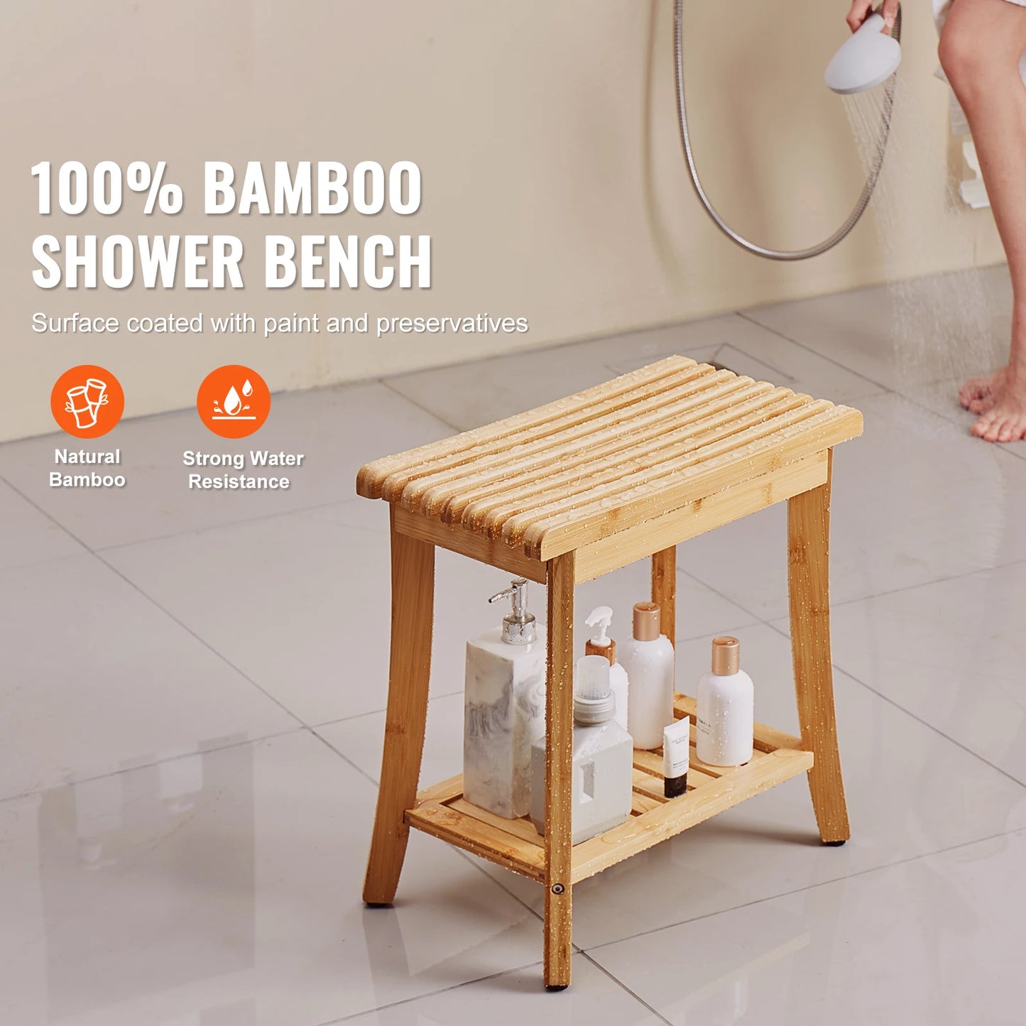 SucceBuy Bamboo Shower Bench With Storage Shelf Waterproof Spa Seat