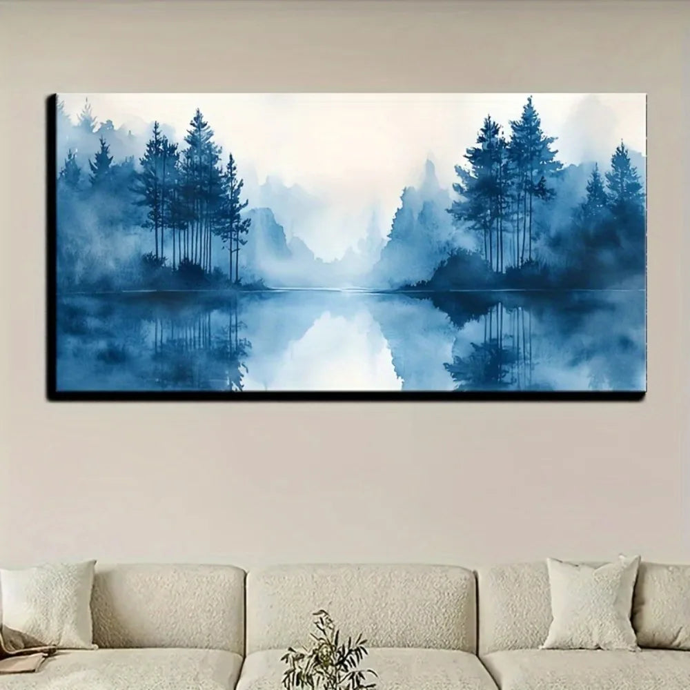 Modern Blue Ink Wall Art With Pine Solid Wood Frame