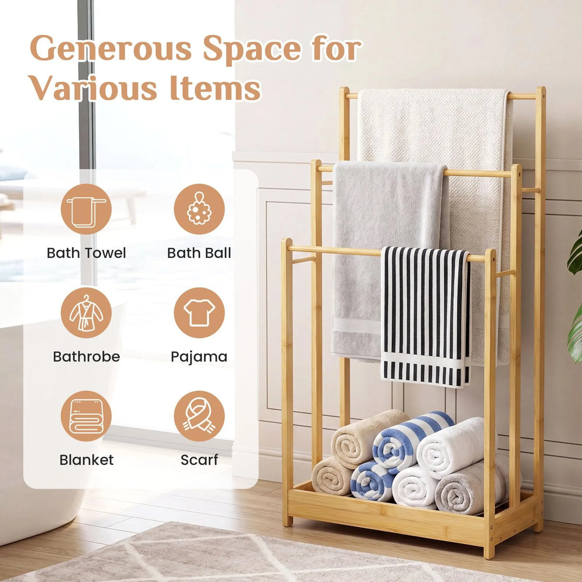 Freestanding Bamboo Towel Rack with Storage Shelf for Bathroom Organization