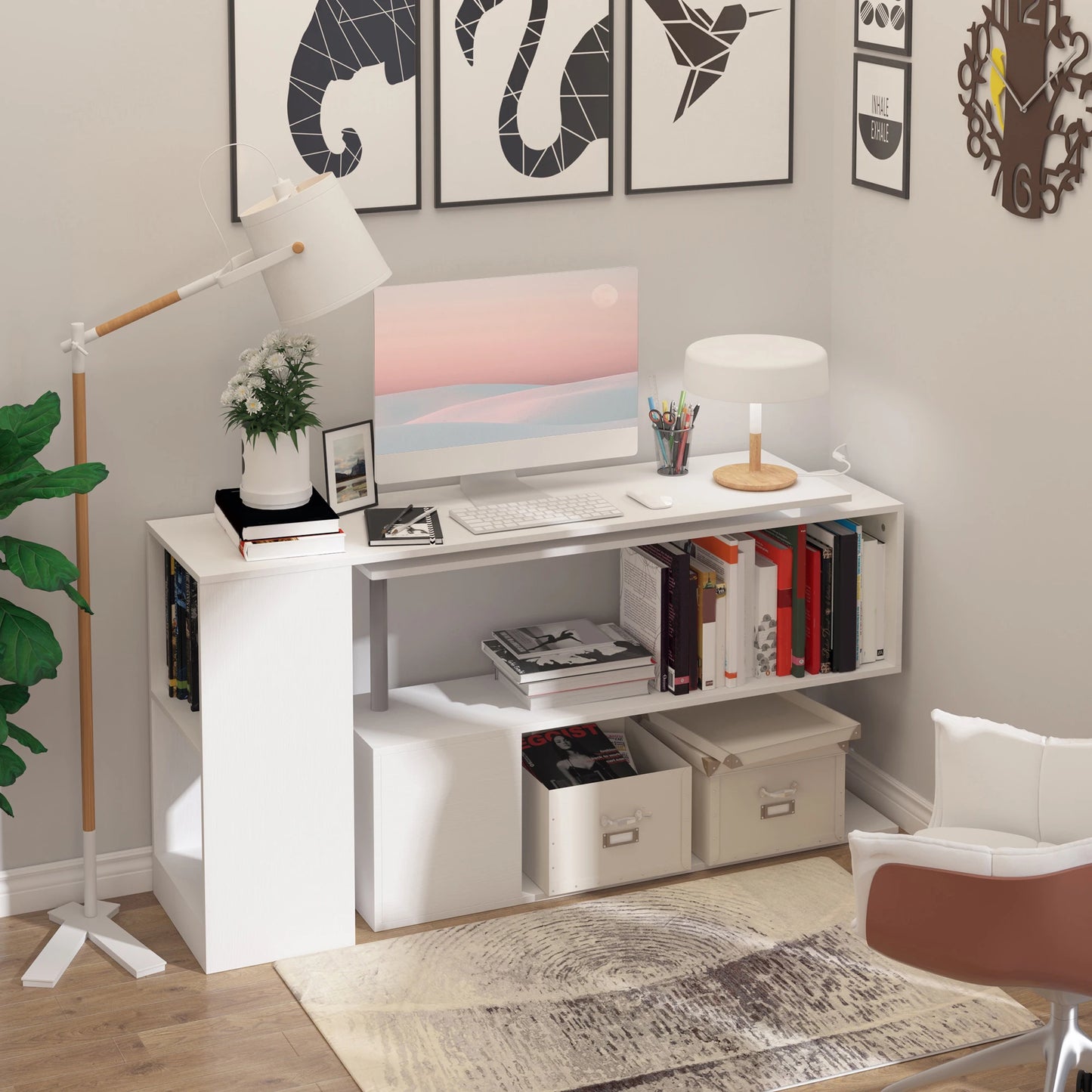 White L Shaped Corner Desk With 3 Tier Shelves