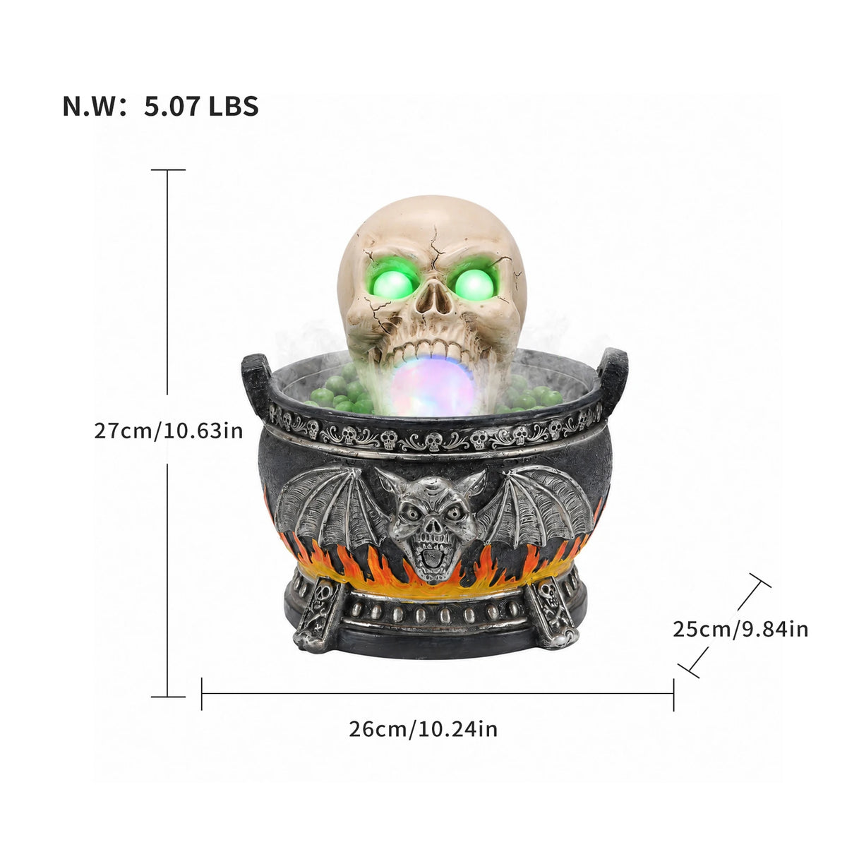 Halloween Skull Cauldron Statue With LED Light And Fog Effect