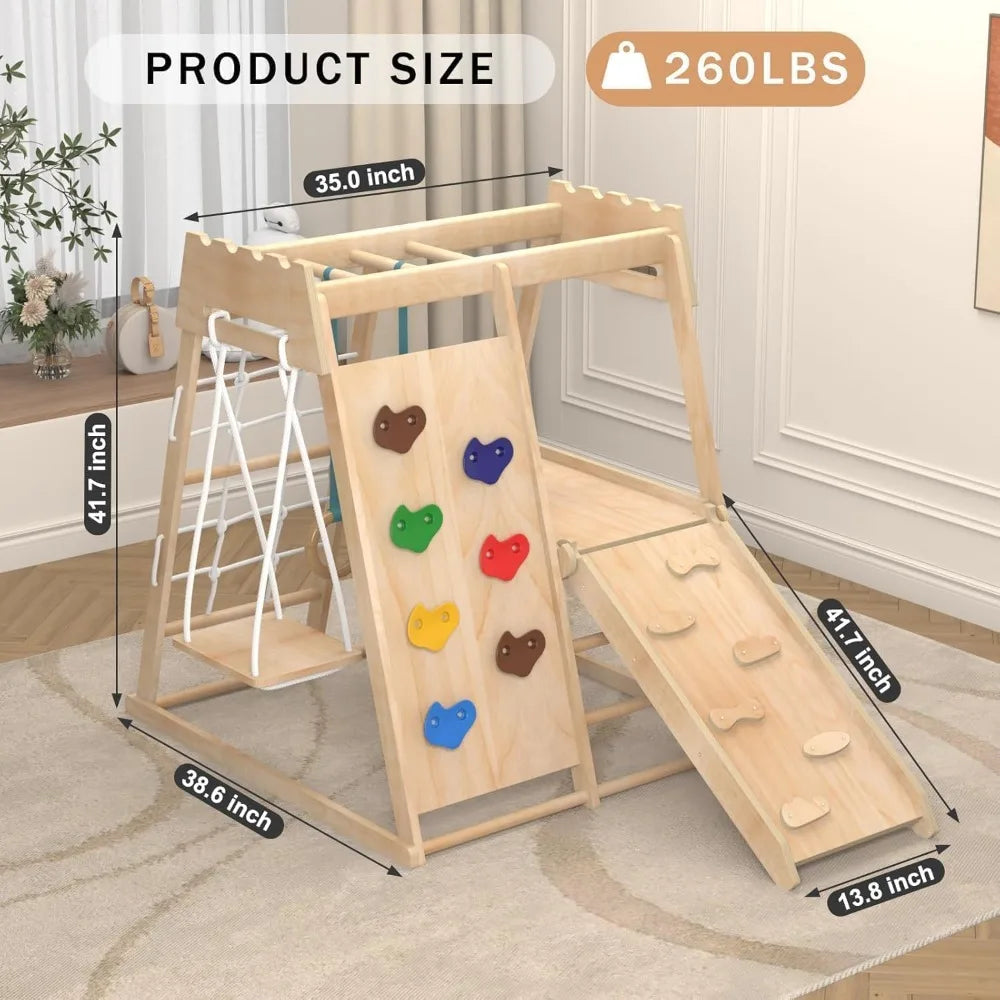 Indoor Toddler Climber Playset 8 In 1 Wood Jungle Gym