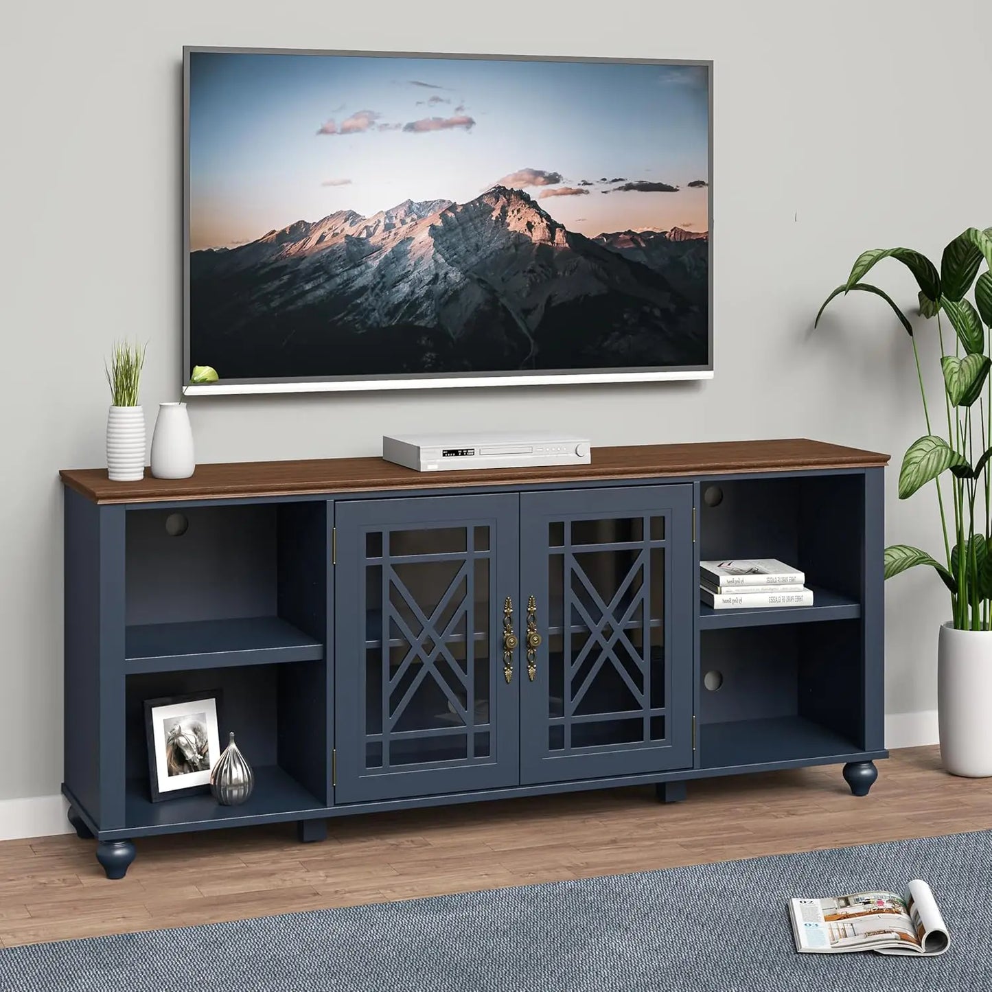 Farmhouse TV Stand Entertainment Center With Glass Doors And Shelves
