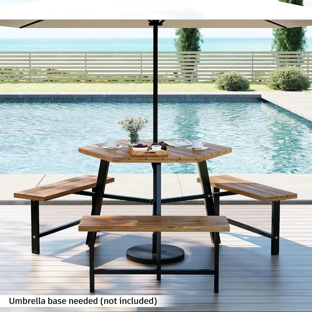 Acacia Wood Hexagonal Picnic Table With Built In Benches