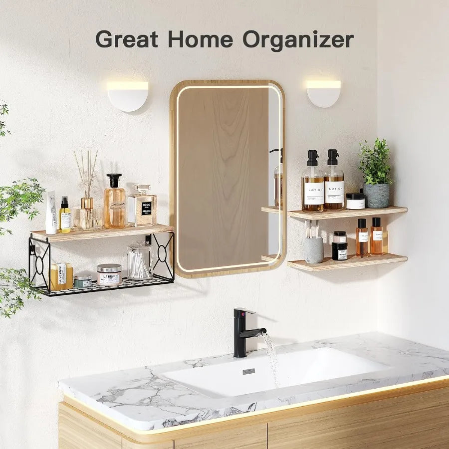 XIUWO Paulownia Wood Floating Shelf Over Toilet With Storage Basket