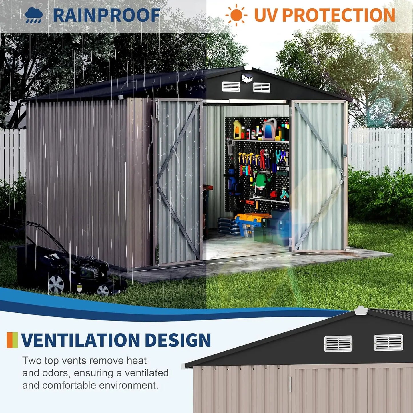 Outdoor Metal Storage Shed With Solar Light And Lockable Door