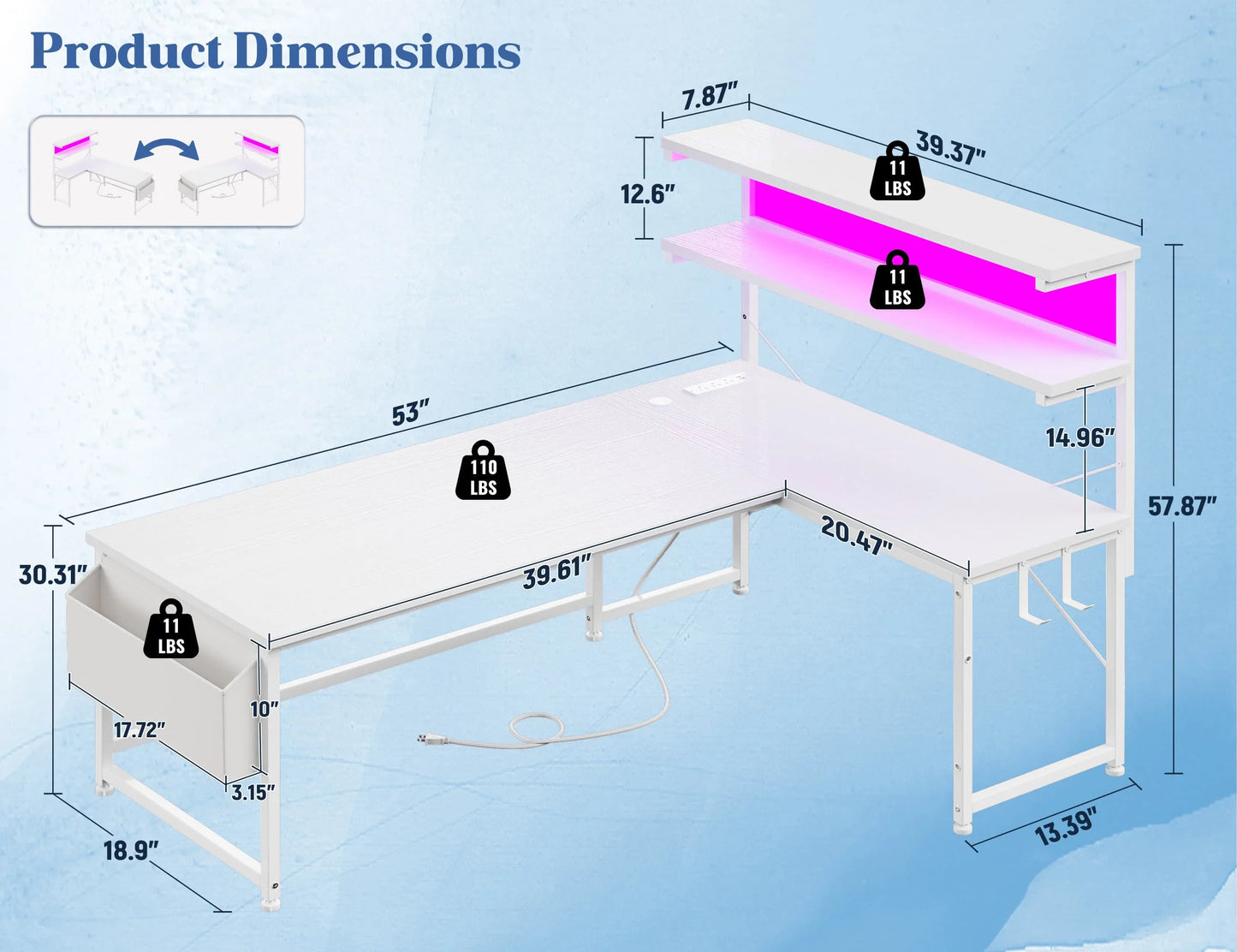 EnHomee L Shaped Office Desk With RGB LED Lights And Storage Shelf