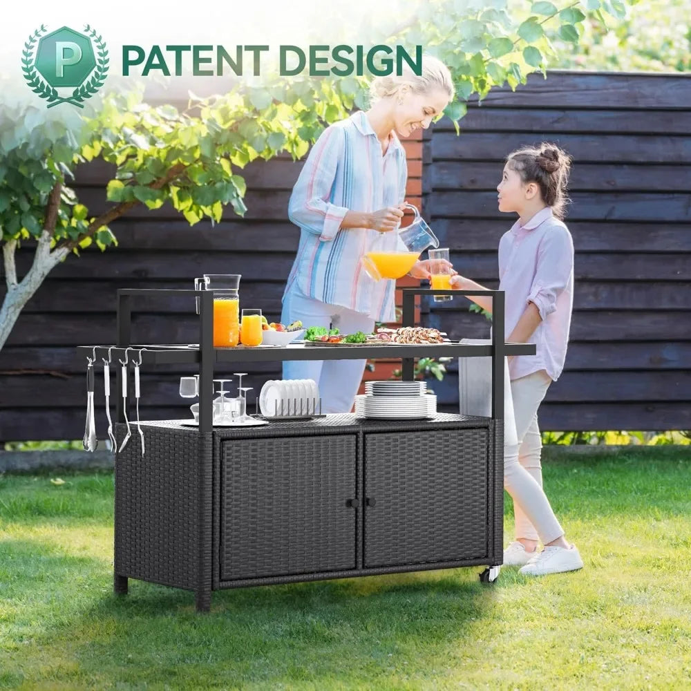 Large Outdoor Kitchen Wicker Island Rolling Cart & Patio Bar Table, w/Wheels and Black Glass Table Top Backyard and Poolside Da