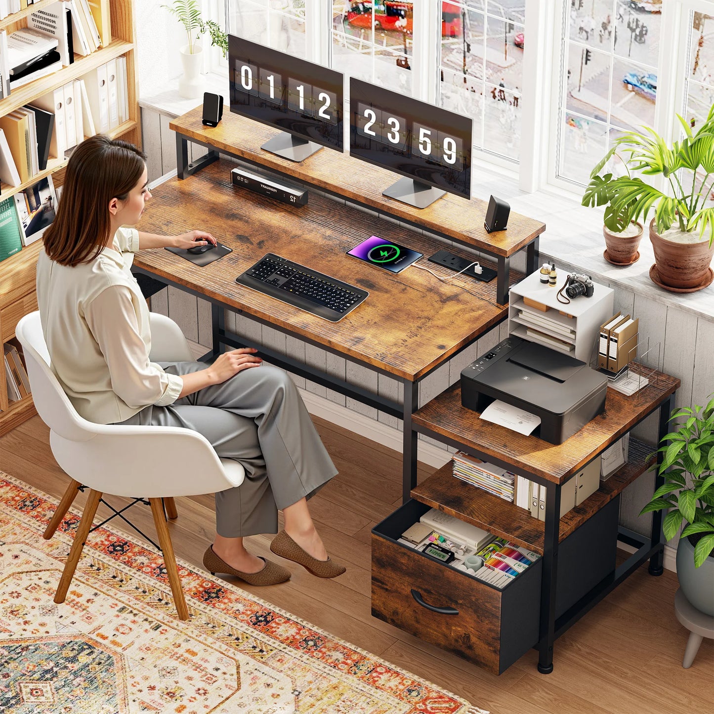 EnHomee 40 inch Office Desk With Monitor Stand And Charging