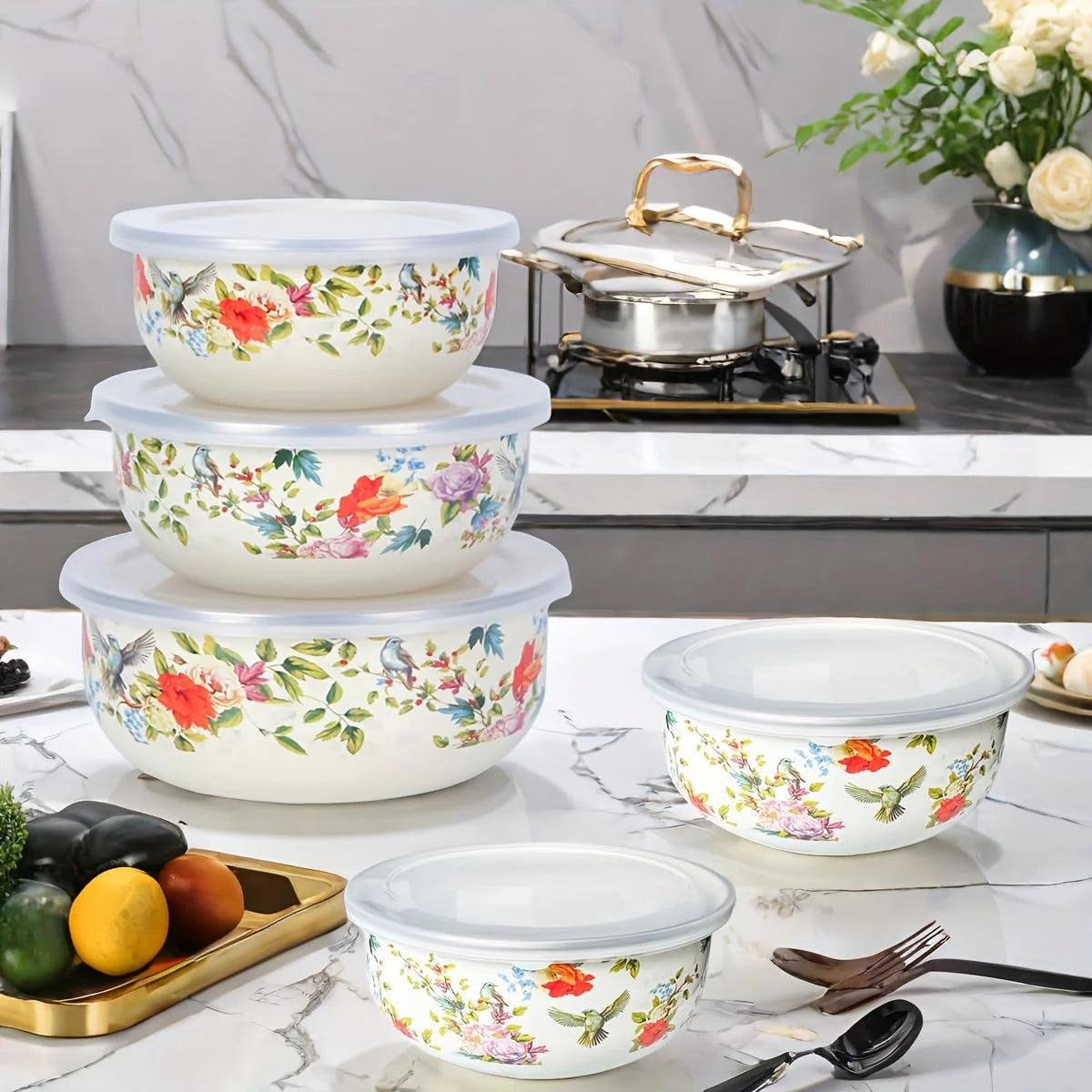 Five Piece Enamel Bowls With Lids Kitchen Storage Set