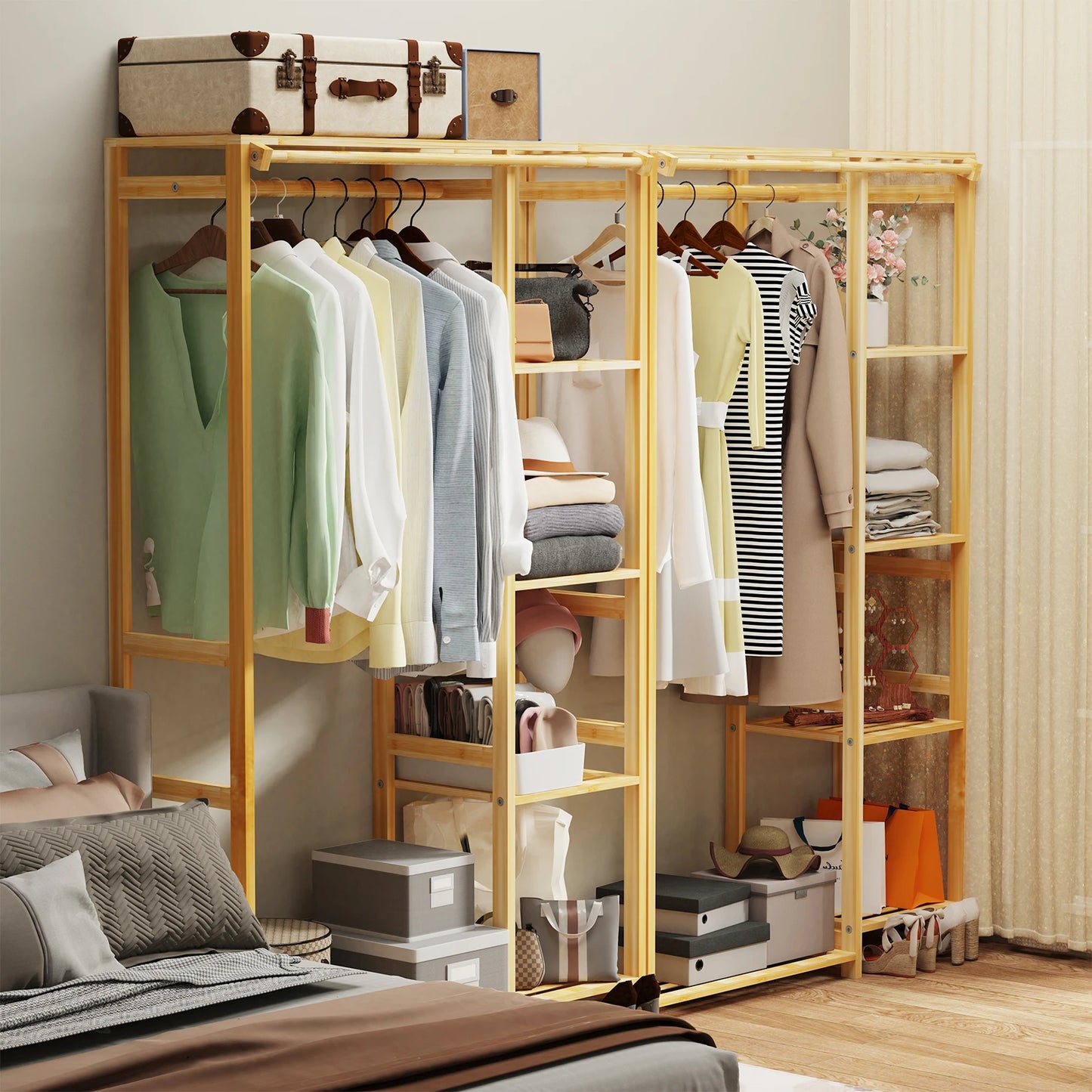 6-Tier Bamboo Garment Rack Open Wardrobe Stand With Hanging Cover