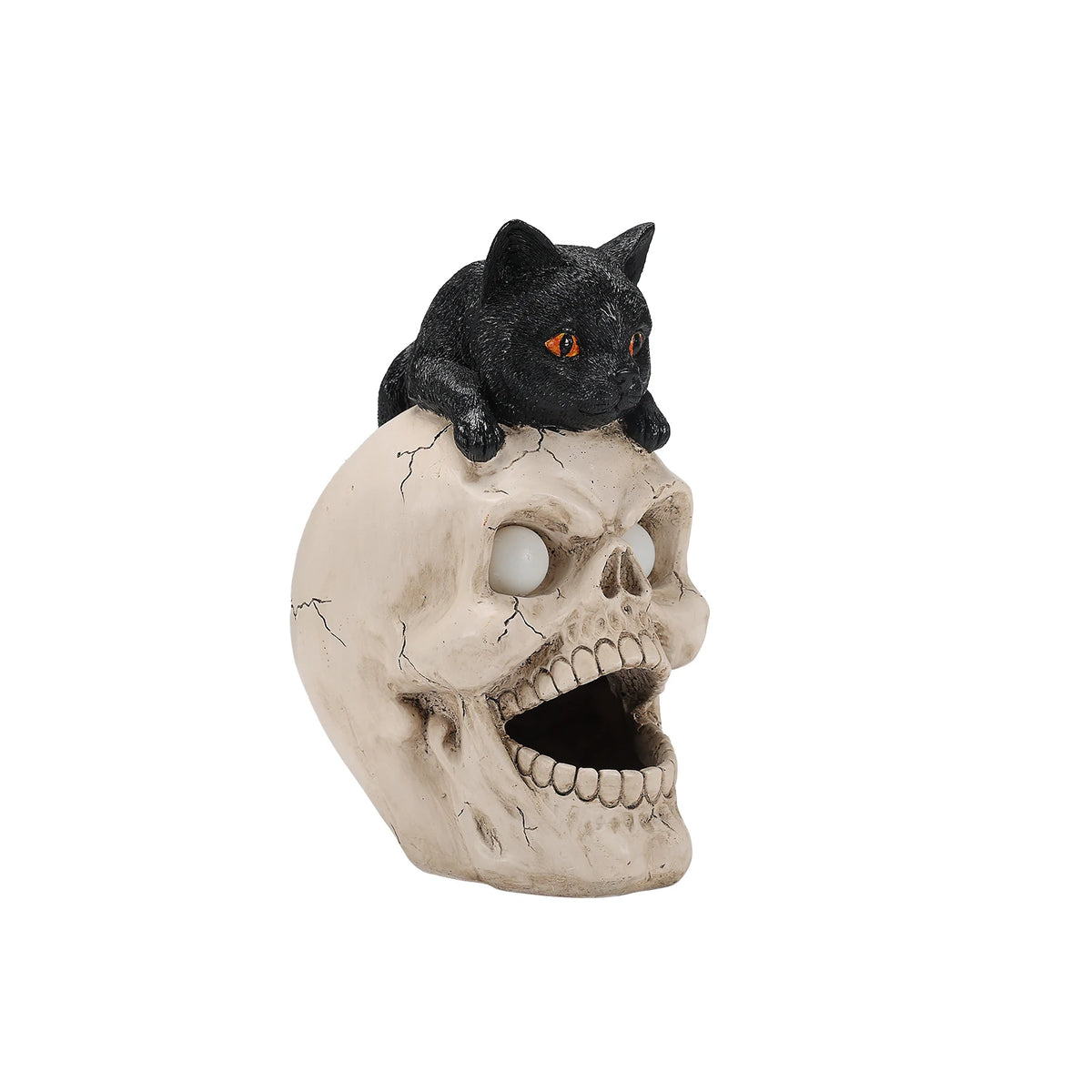 Halloween Black Cat Skull Statue With Fog And LED Lights