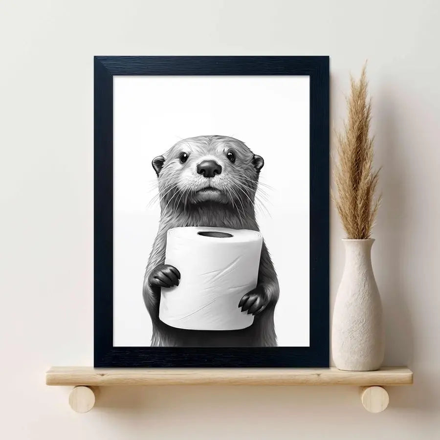 Funny Toilet Paper Raccoon Wall Art, Framed Bathroom Decor