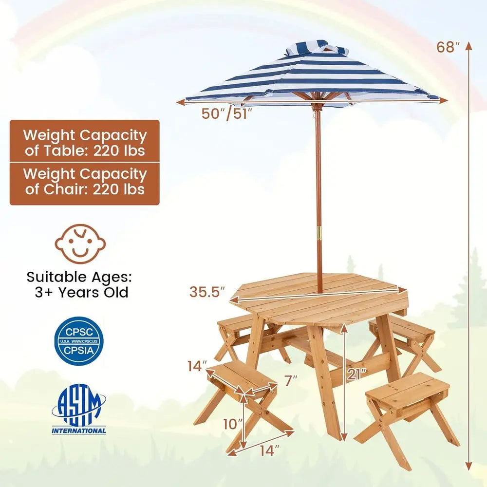 Wood Octagon Kids Picnic Table Set With Umbrella