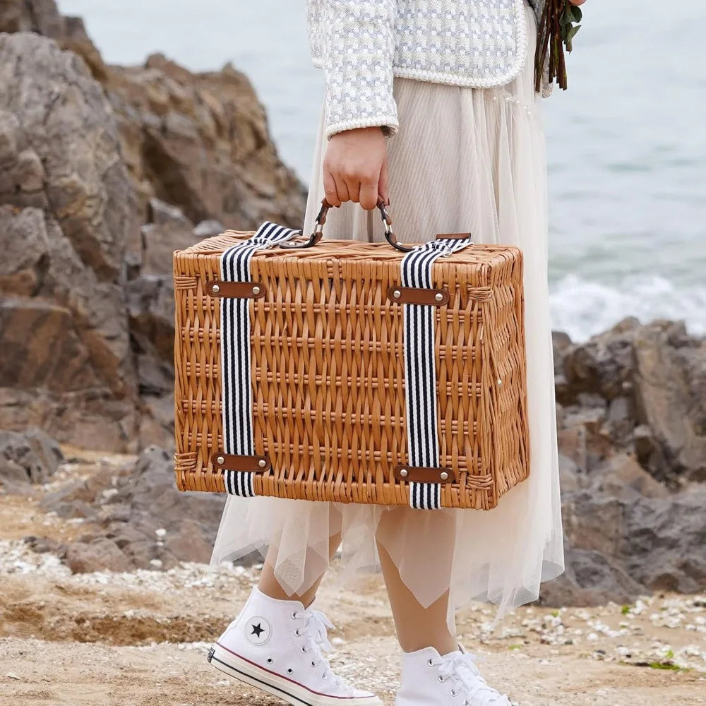 NBVCX Handmade Wicker Picnic Set For Two With Insulated Cooler And Cutlery