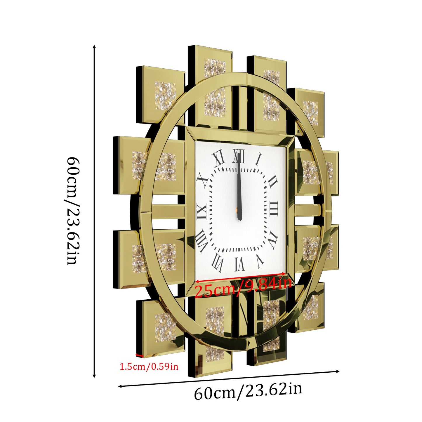 Irregular Diamond Mirrored Wall Clock With Roman Numerals Quartz