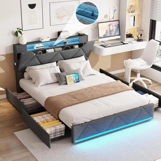 Bed Frame With Storage Drawers, Upholstered Headboard, Charging Station, LED