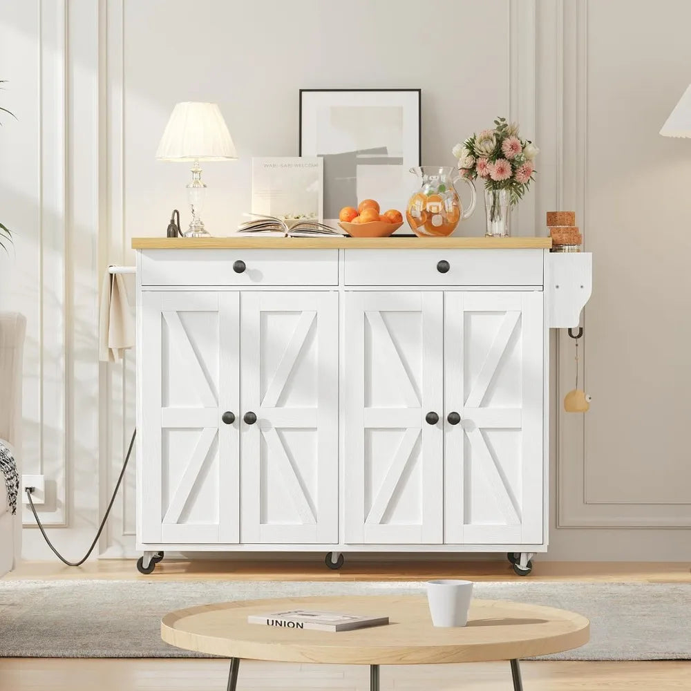 Kitchen Island with Power Outlet,43.3 Rolling Kitchen Island with Storage, Rolling Cart with Spice Rack and Hooks