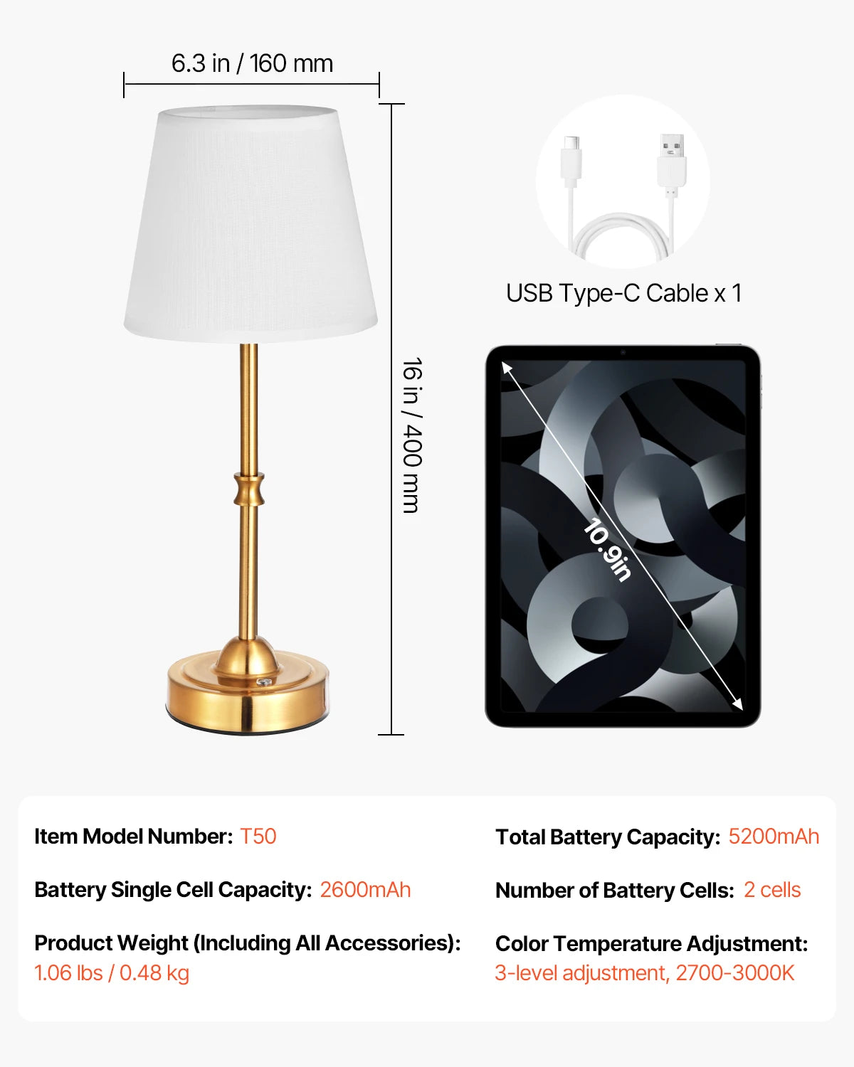 SucceBuy Cordless Table Lamp 5200mAh Rechargeable Battery 3 Brightness Levels