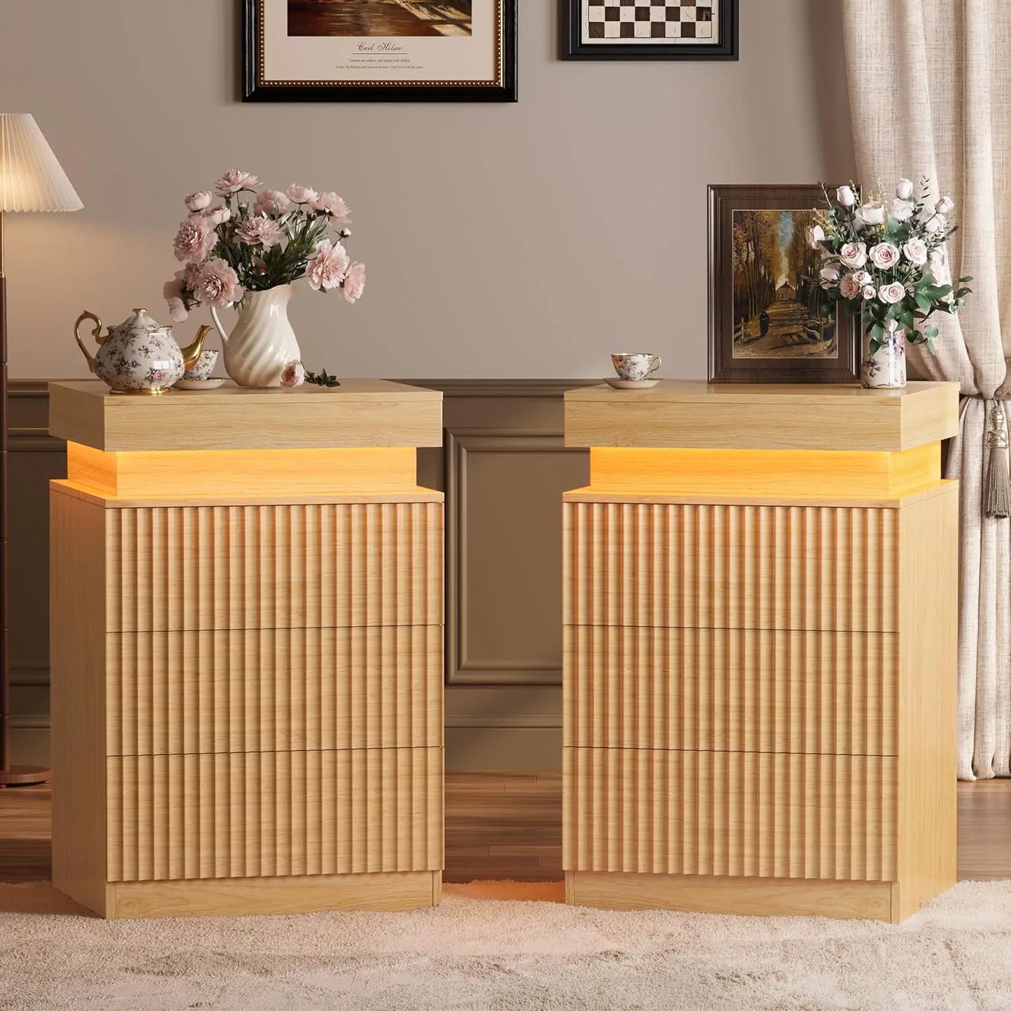 Nightstand Set Of 2 With LED Charging Station Fluted
