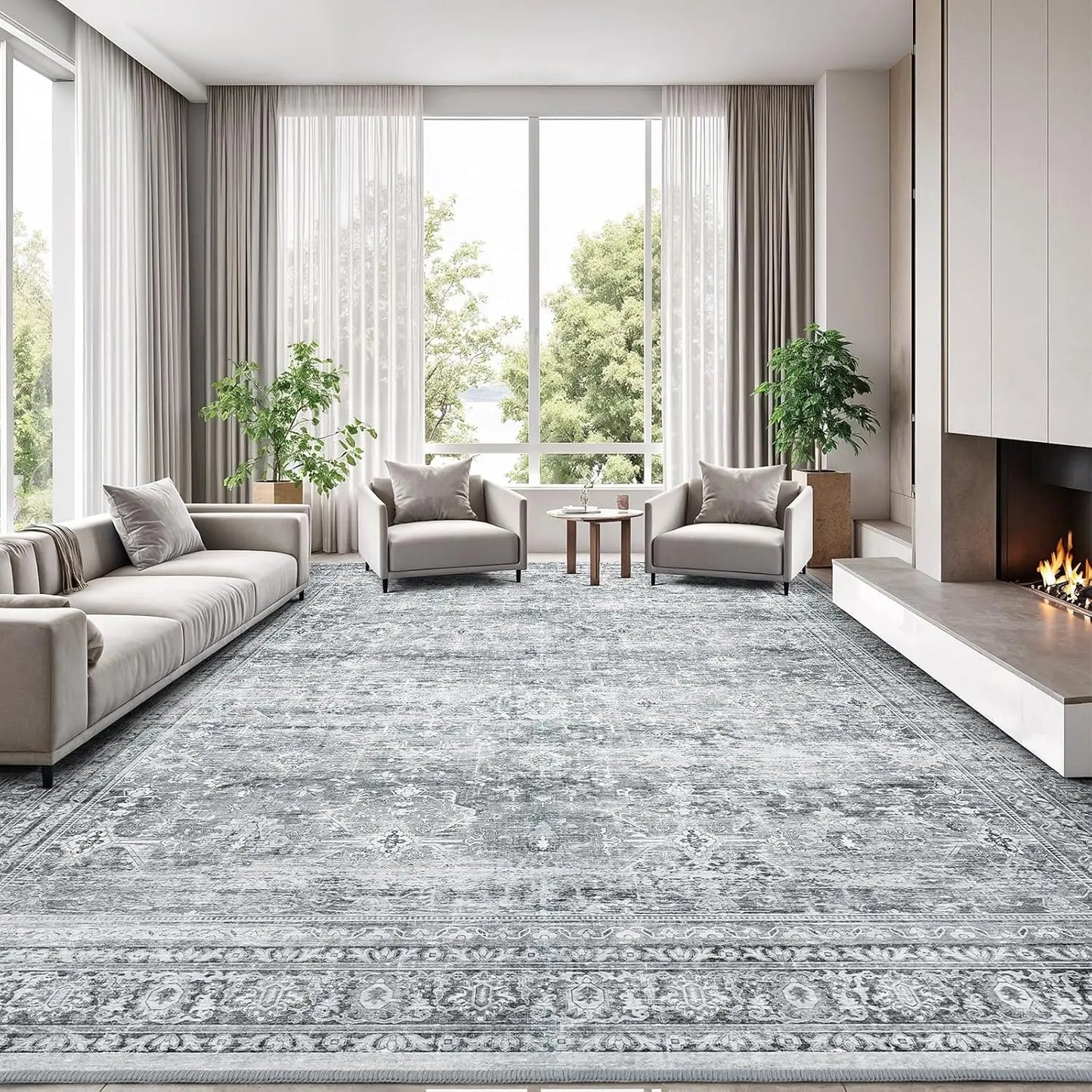 8x10 Washable Gray Floral Area Rug With Non Slip Backing