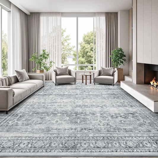 8x10 Washable Gray Floral Area Rug With Non Slip Backing