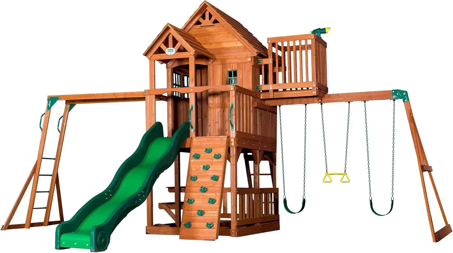 Cedar Wood Swing Set With Wave Slide And Crow's Nest
