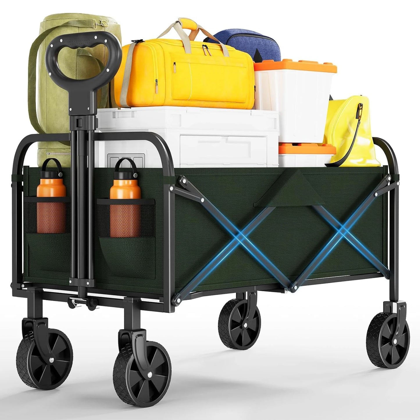 Foldable Utility Wagon With All Terrain Wheels And Drink Holders