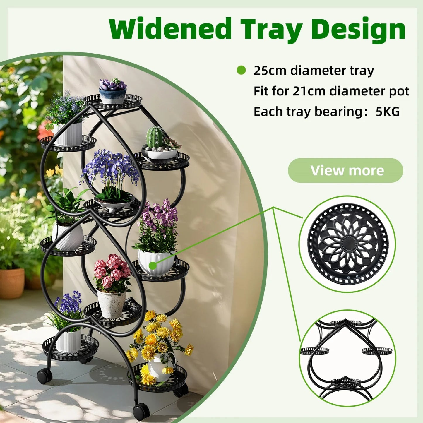 Metal Plant Stand On Wheels With Nine Pots