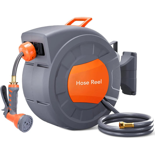 Retractable Garden Hose Reel 1/2 In x 100 FT Wall Mounted Water Hose Reels for Outside 180° Swivel Bracket & Any Length Lock