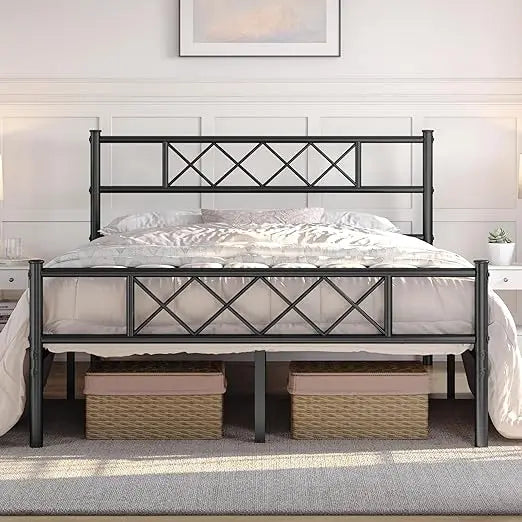 Queen Size Metal Platform Bed Frame with Simple Headboard and Footboard, Mattress Foundation for Under Bed Storage, St