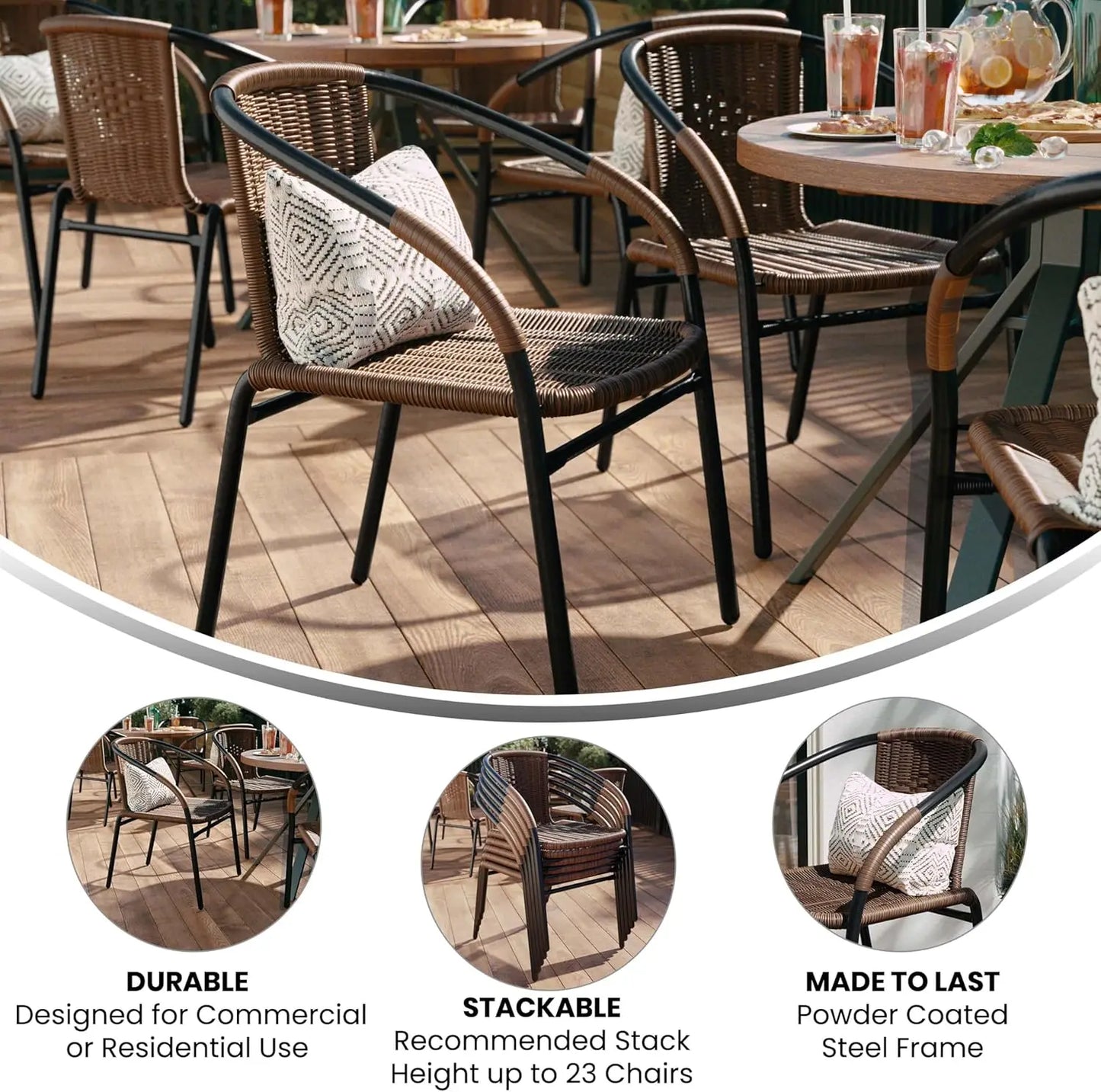 Lila Modern Rattan Indoor/Outdoor Stackable Dining Chairs, Stacking Rattan Bistro Chairs for Patio or Restaurant,Set of 4, Brown