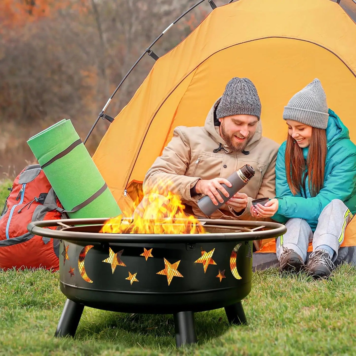 Round Fire Pit With Mesh Cover And Star Moon Design