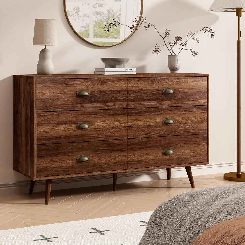 Walnut Brown Wood Dresser With Six Drawers For Bedroom