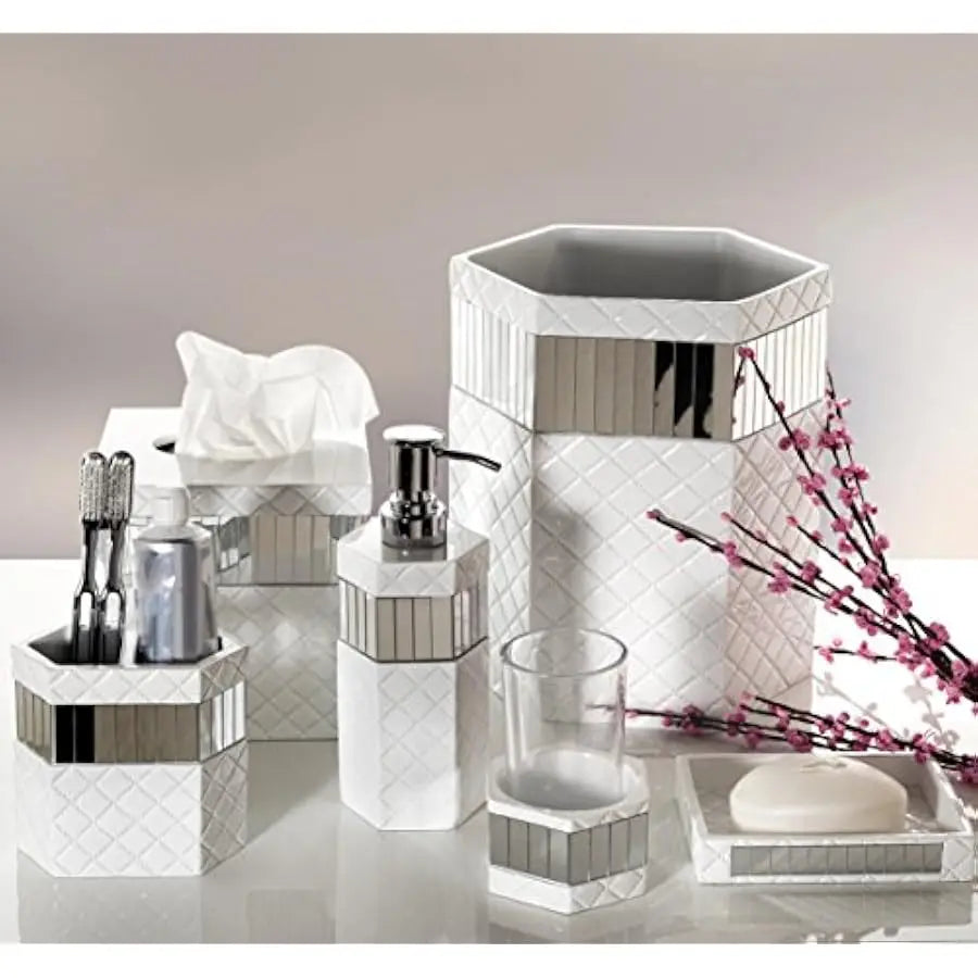 Quilted Mirror Bathroom Accessories Set With Trash Can Tissue Box