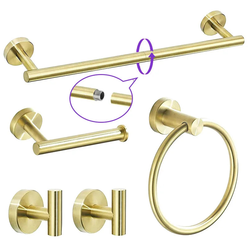 Brushed Gold Stainless Steel Bathroom Hardware Set With Towel Bar
