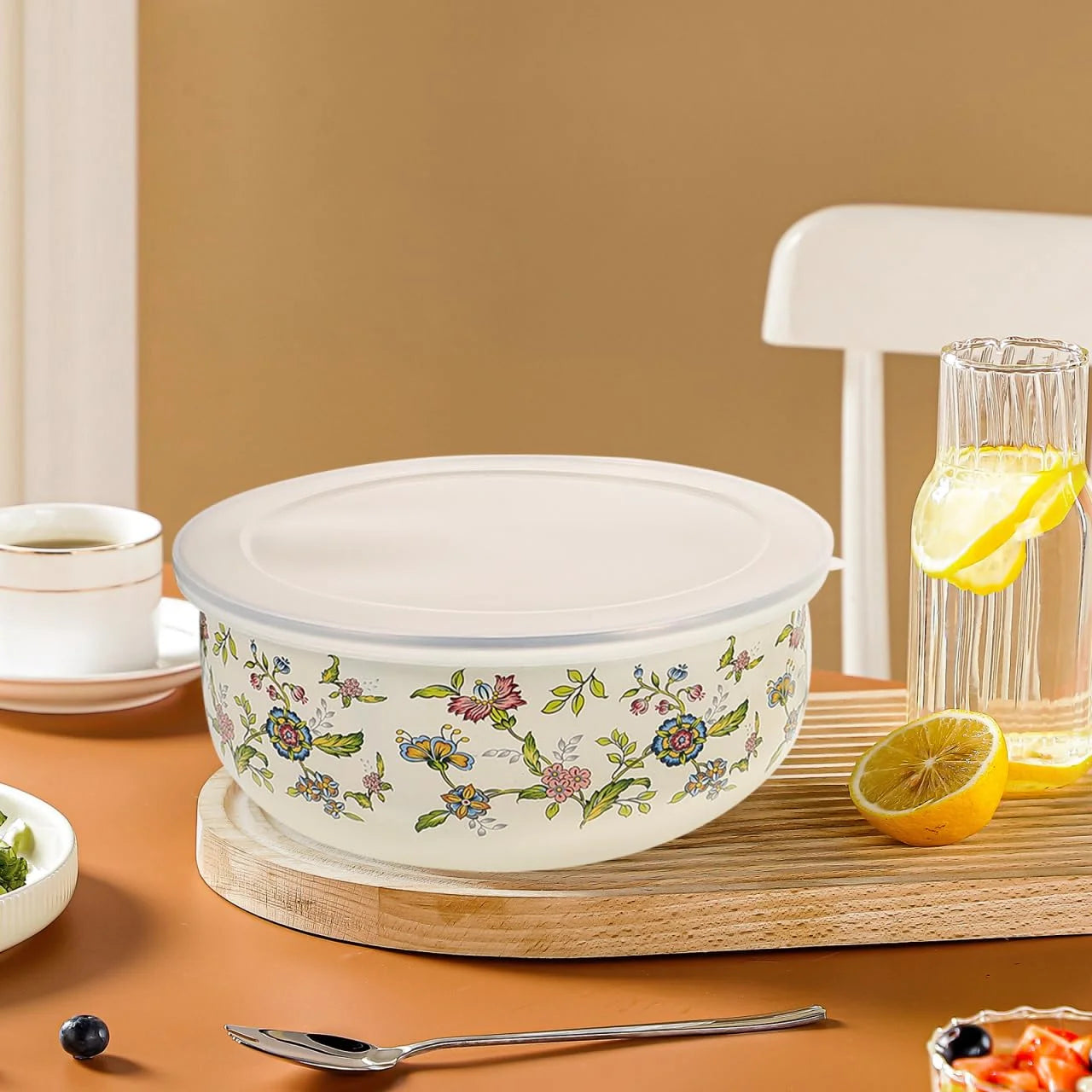 Five Piece Enamel Bowls With Lids Kitchen Storage Set