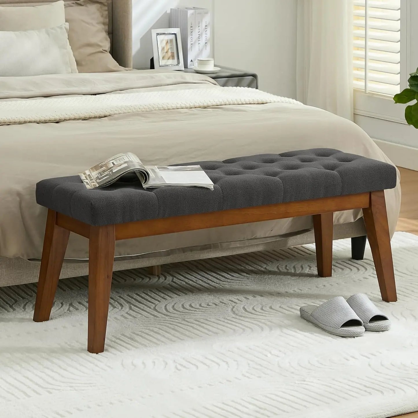 Linen Upholstered Bedroom Bench for End of Bed and Entryway