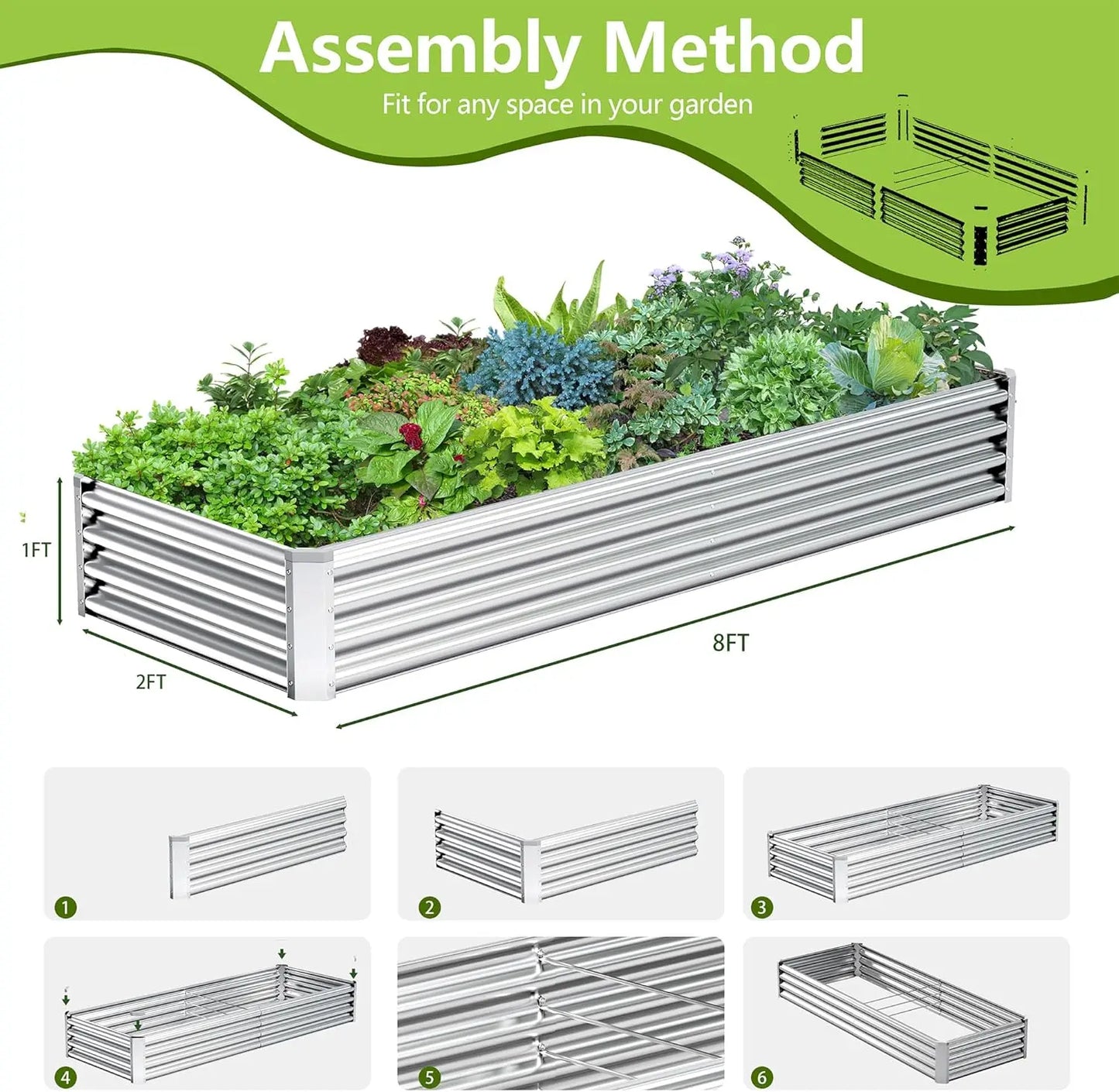 2-Pack Galvanized Steel Raised Garden Beds, 8ft x 2ft x 1ft Outdoor Planter Boxes for Vegetables and Flowers