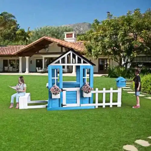 Outdoor Wooden Playhouse For Kids With Picnic Bench And Flowerpot Holders